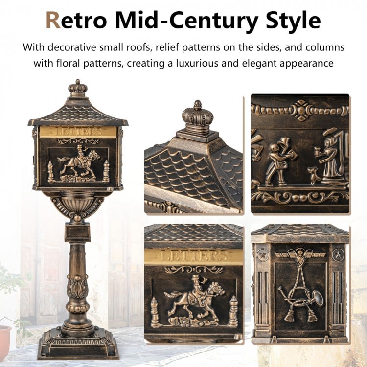 Retro cast aluminum mailbox in bronze with decorative patterns and lockable baffle door for secure letter delivery.