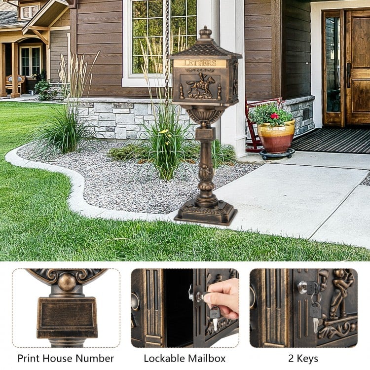 Retro cast aluminum mailbox in bronze with lockable door, baffle for easy delivery, and space for house number.