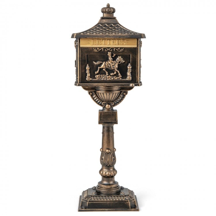 Retro cast aluminum mailbox in bronze with baffle door, lockable design, and elegant patterns for secure letter.