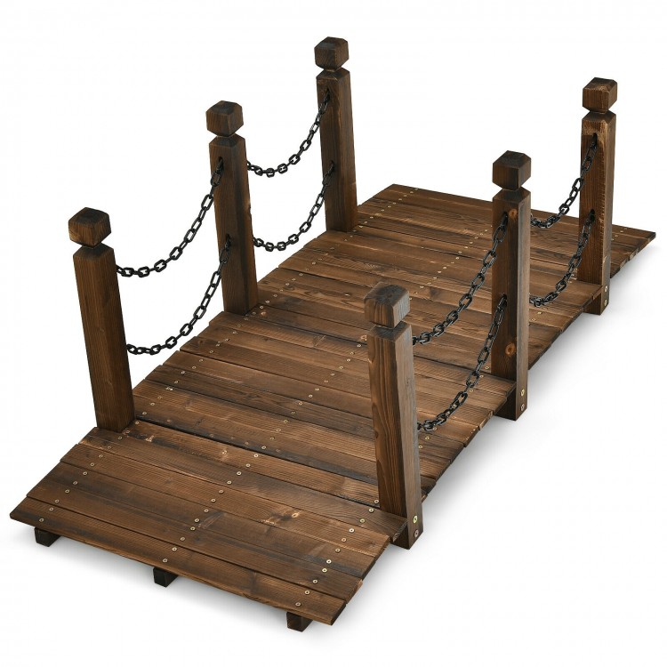 5-foot wooden garden bridge with stained finish and safety rails, perfect for outdoor pathways and decorative spaces.