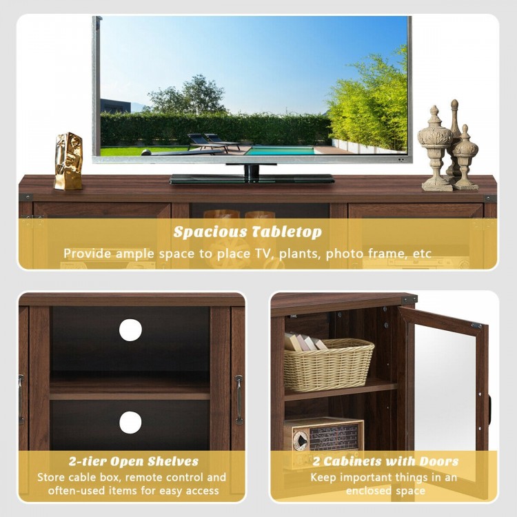 Walnut TV stand with spacious tabletop, 2-tier open shelves, and 2 cabinets with tempered glass doors for stylish.