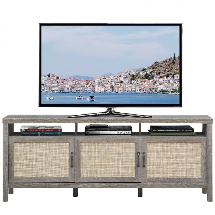 Gray universal TV stand with three cabinets and open shelf, suitable for TVs up to 65 inches, ideal for storage and.