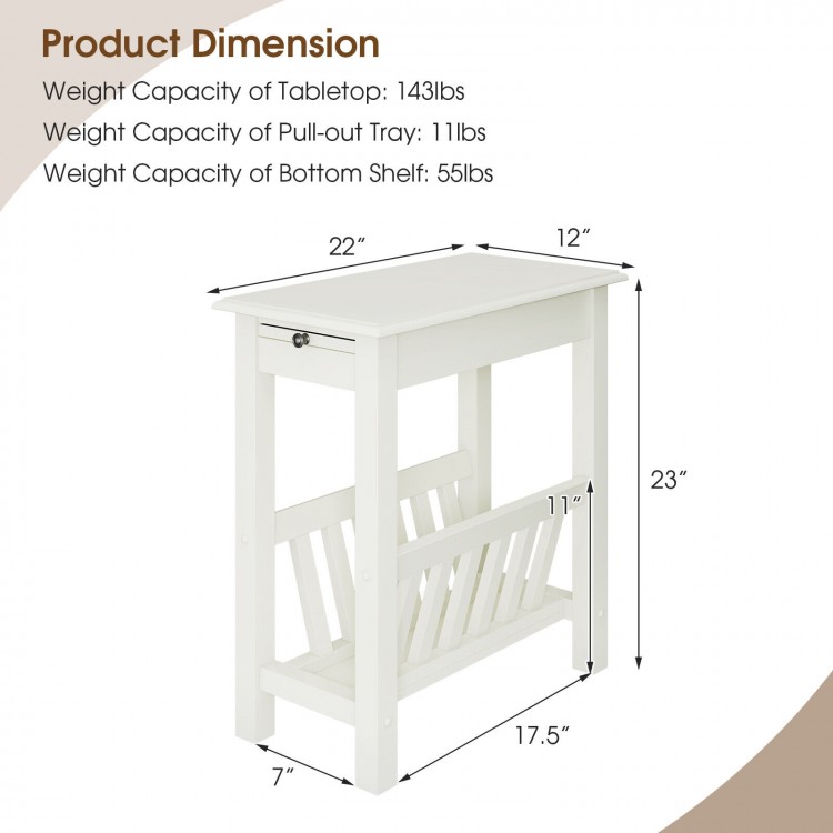 2-tier end table in white with pull-out tray and solid rubber wood legs, perfect for living room or bedroom storage.