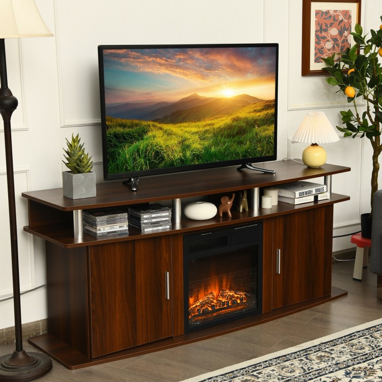 Walnut TV entertainment console featuring a central electric fireplace and a sleek design, ideal for modern home decor.