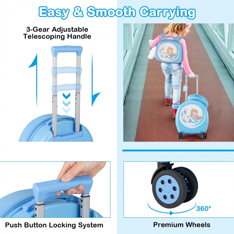 Kids 14-inch blue hardside carry-on luggage with adjustable handle and 360° wheels, perfect for travel adventures.