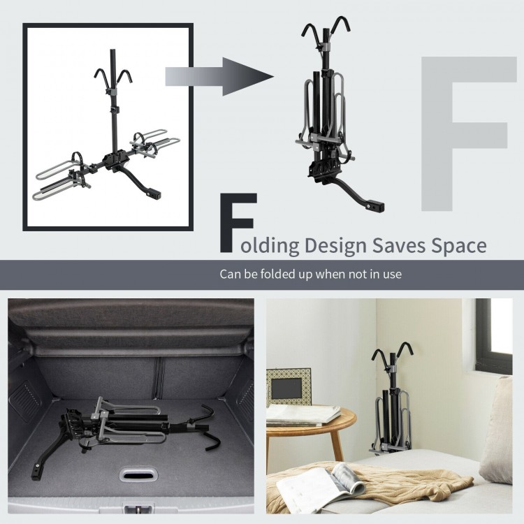 Folding 2-bike hitch mount bike rack in black, adjustable for different bike sizes, perfect for convenient storage.
