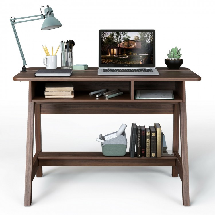 Mid Century Writing Desk with open compartments, hidden storage, and cable management, perfect for home office use.