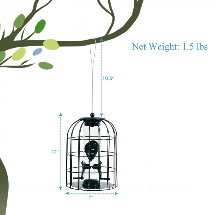 Squirrel-proof caged tube bird feeder made of premium iron, featuring four feeding ports for outdoor use.