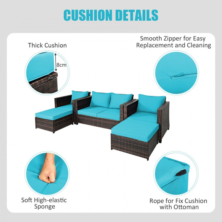Cushion detail of the 5-piece patio furniture set, featuring thick turquoise cushions with smooth zippers for easy.