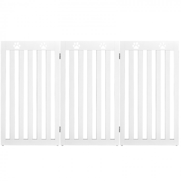 White wooden freestanding pet gate with paw print design, 36 inches high, providing a stylish barrier for small dogs.