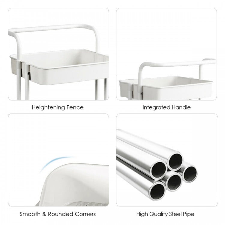 3-tier white utility cart with integrated handle, high basket fence, and smooth rounded corners for versatile storage.