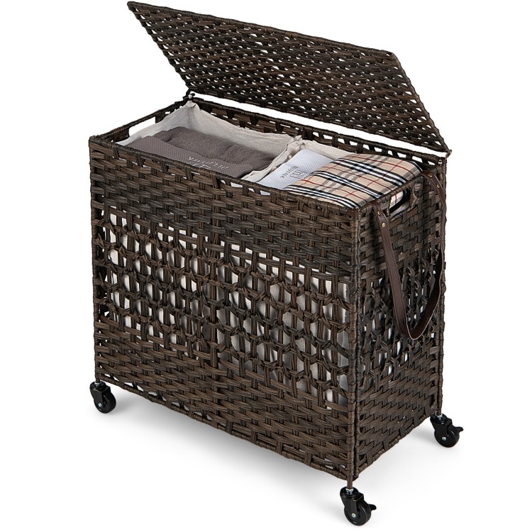 Brown 110L 2-section laundry hamper with removable liner bags, flip-up lid, and wheels for easy mobility and storage.