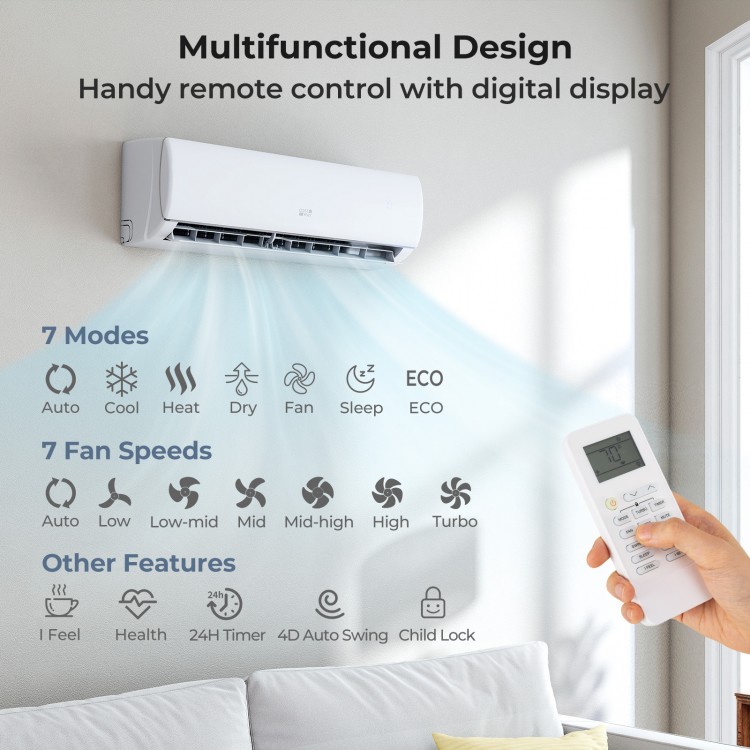 Mini split air conditioner with remote control, 11500 BTU, 7 modes, for efficient cooling and heating in rooms up to.