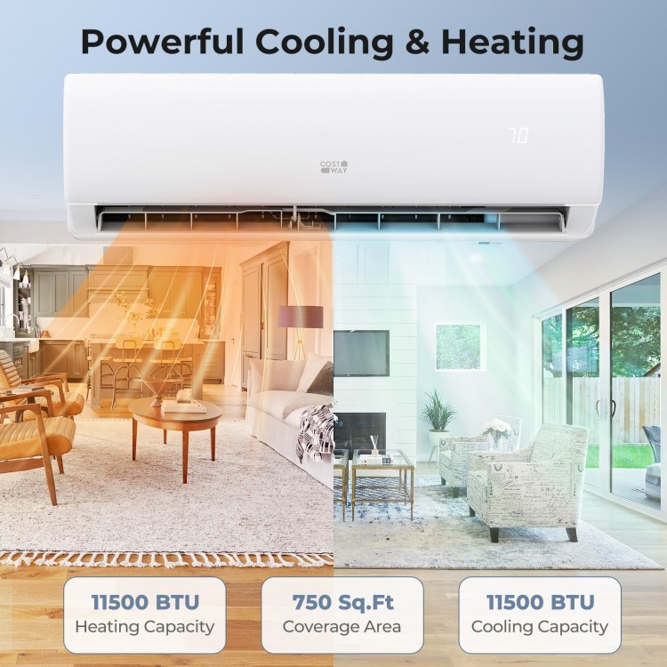 Mini split air conditioner and heater with 11500 BTU capacity, WiFi enabled, for efficient cooling and heating in 750.