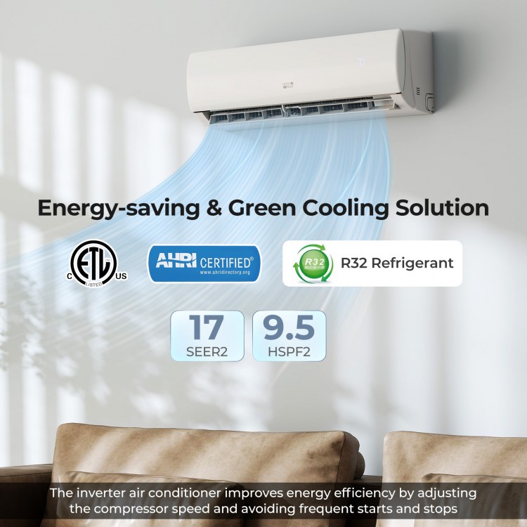 EchoCool Series 11500 BTU mini split air conditioner with WiFi, featuring energy-efficient inverter technology for.