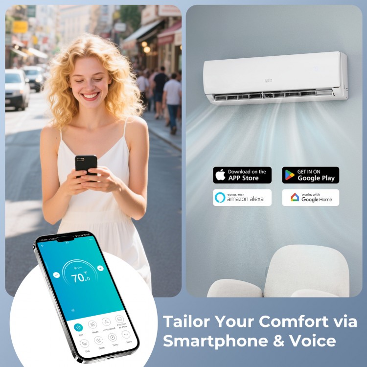 Mini split air conditioner with WiFi control, 11500 BTU, for rooms up to 750 sq.ft, featuring cooling and heating.