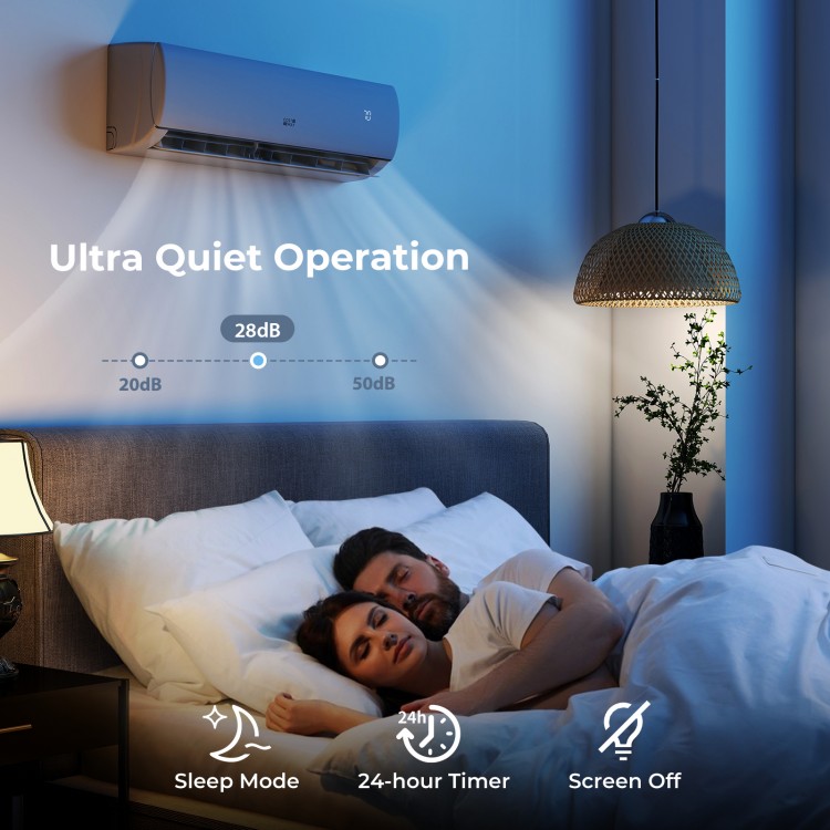Mini split air conditioner in a bedroom, showcasing ultra-quiet operation and sleep mode for restful nights.