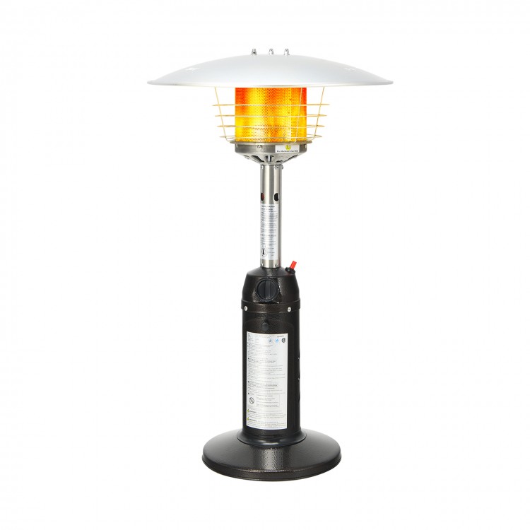 Portable tabletop propane patio heater in black with 11,000 BTU output, ideal for outdoor warmth and safety.