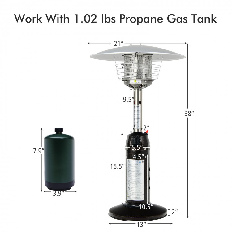 Portable tabletop propane patio heater in black, 11,000 BTU, with safety features, ideal for outdoor warmth.