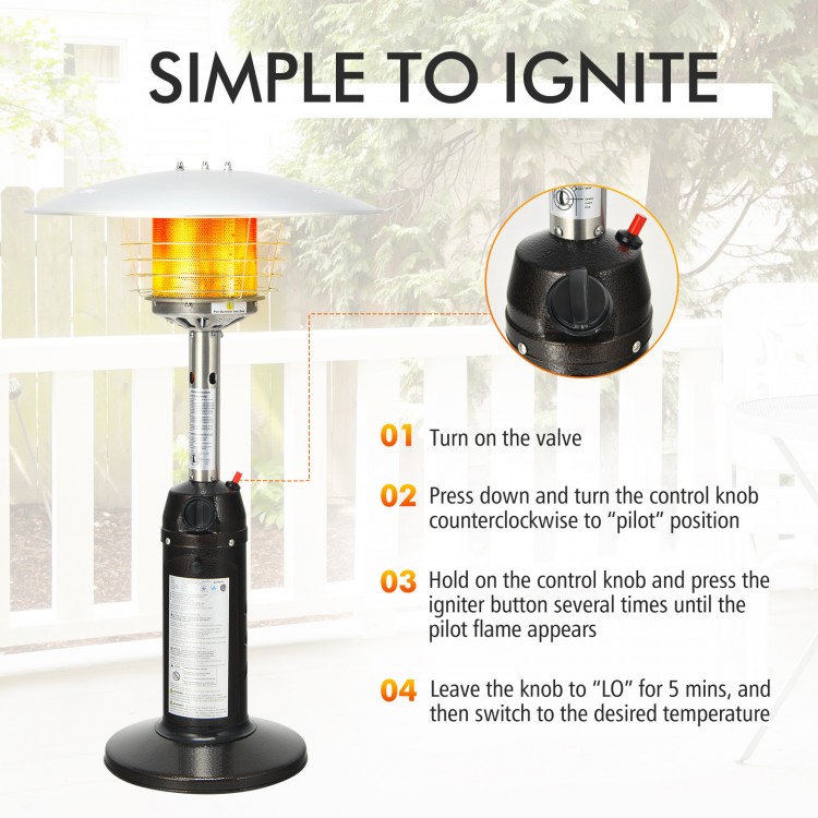 Portable tabletop propane patio heater in black, featuring an ignition switch and adjustable flame for outdoor warmth.