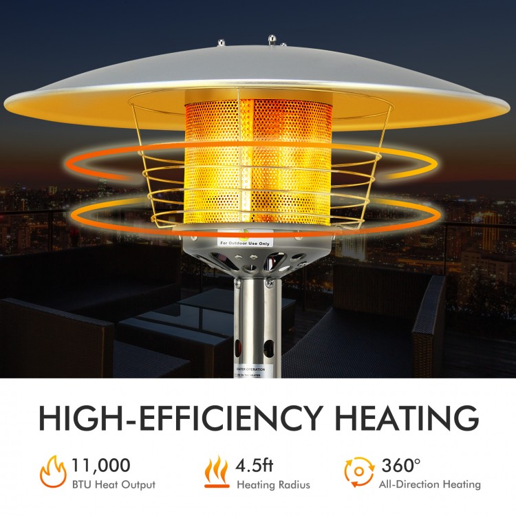 Portable tabletop propane patio heater with 11,000 BTU output, 360° heating, and rust-resistant steel for outdoor use.
