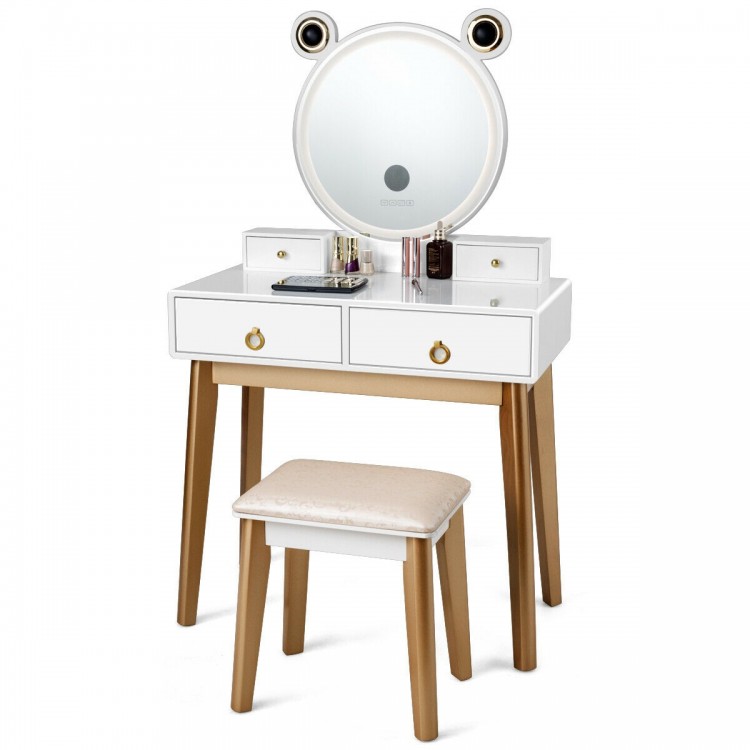 Elegant vanity set with four drawers, solid beech wood legs, and a plush stool, perfect for stylish makeup storage.