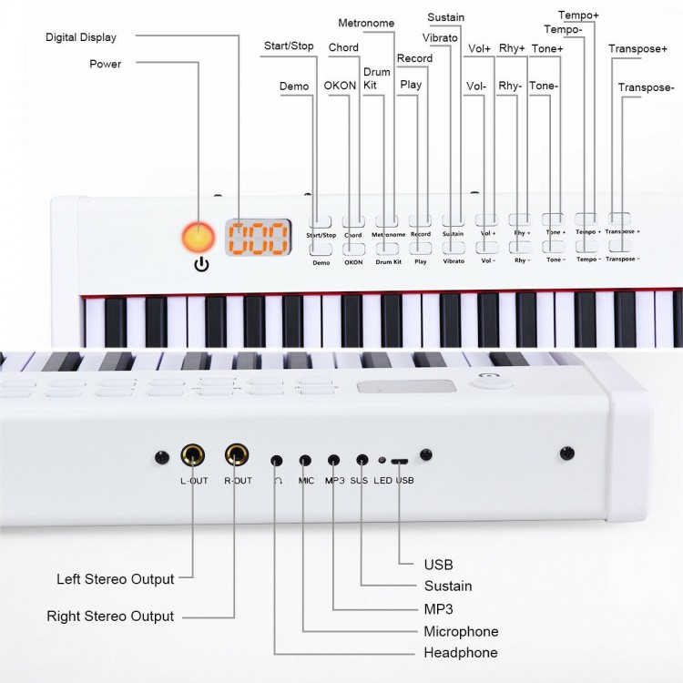 Close-up of the BX-II 88-key digital piano controls, featuring a digital display and various input/output ports.