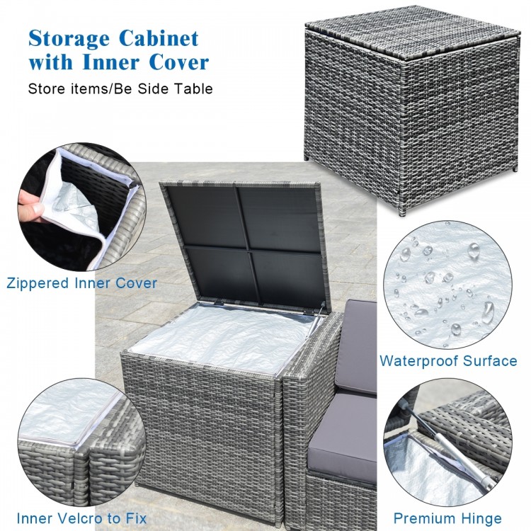 Gray storage cabinet with inner cover, waterproof surface, and zippered inner for added convenience in patio furniture.