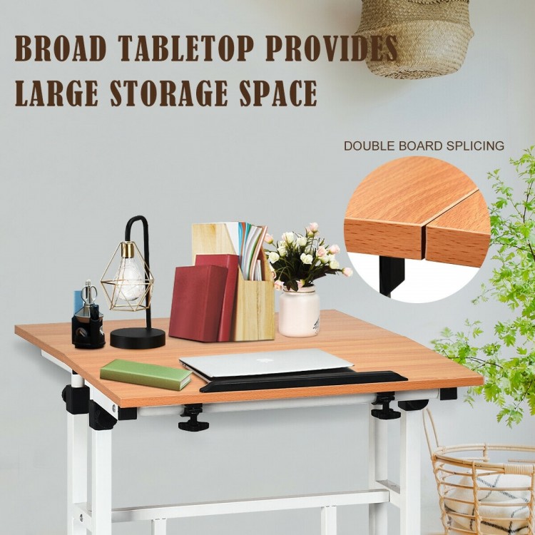 Height adjustable sit-stand computer desk with broad tabletop, antiskid strip, and four rolling wheels for easy.
