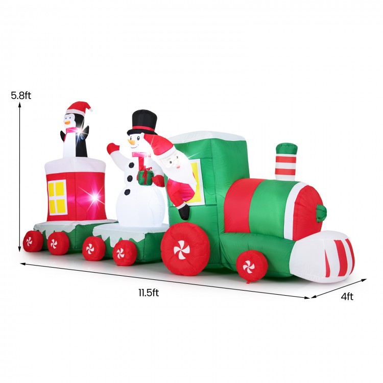 Christmas inflatable train featuring Santa Claus, a snowman, and a penguin, 11.5 ft long, perfect for outdoor display.