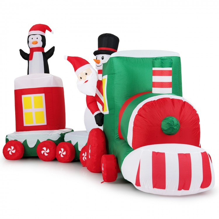 Colorful 11.5 FT Christmas inflatable train featuring Santa Claus, a snowman, and a penguin, perfect for outdoor.