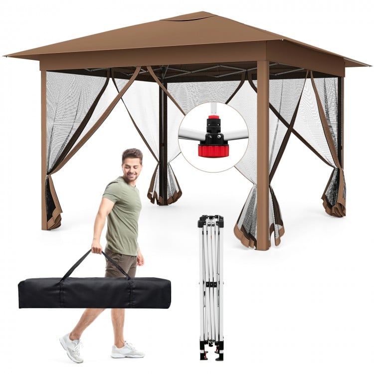 Pop-up canopy with mesh screen netting, 11.5 x 11.5 ft, brown, featuring one-person setup and included carrying bag.