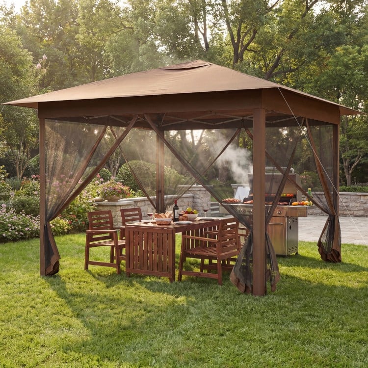 Pop-up canopy with mesh screen netting, brown, 11.5 x 11.5 ft, ideal for outdoor gatherings and sun protection.