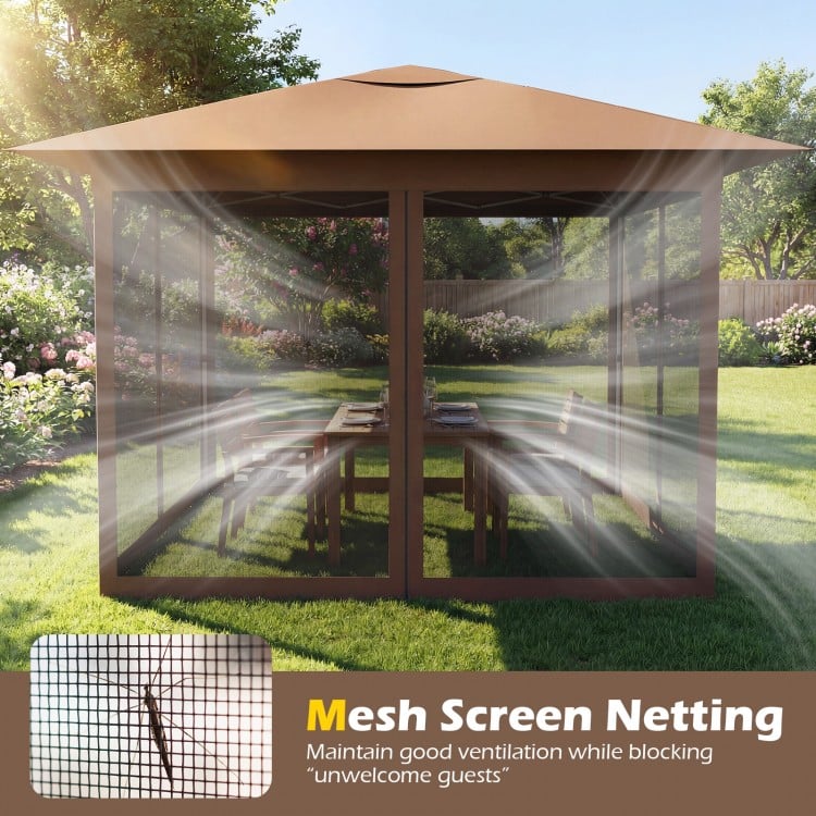 Pop-up canopy with mesh screen netting in brown, featuring easy one-person setup and 360° airflow for outdoor.