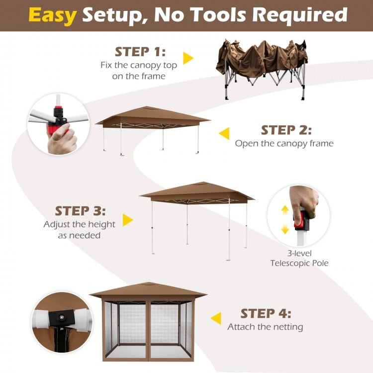 Pop-up canopy setup instructions showing steps for one-person assembly with mesh screen netting for sun protection.