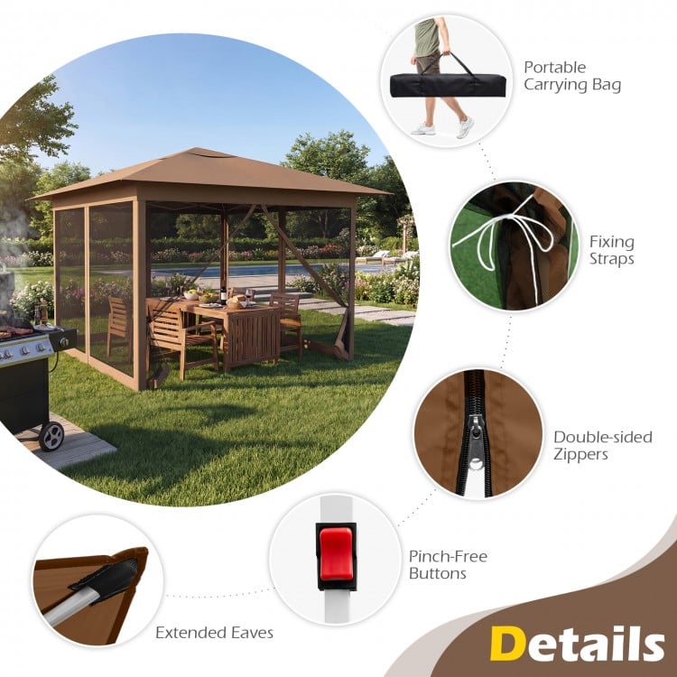 Pop-up canopy with mesh screen netting, brown 11.5 x 11.5 ft, includes carrying bag and zippered sidewalls for airflow.