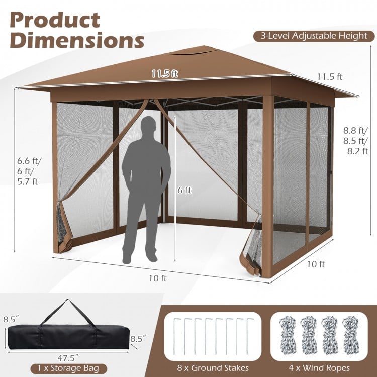 Pop-up canopy with mesh screen netting, 11.5 x 11.5 ft, featuring 3 adjustable heights for versatile outdoor use.