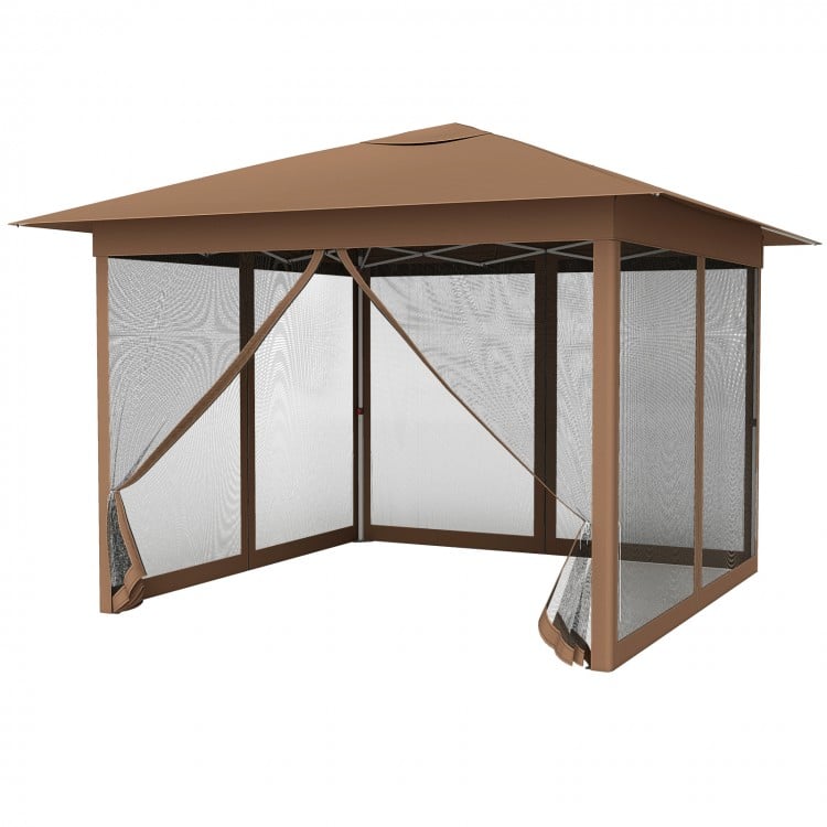 Brown 11.5 x 11.5 FT pop-up canopy with mesh screen netting, featuring a one-hand lock system for easy setup.