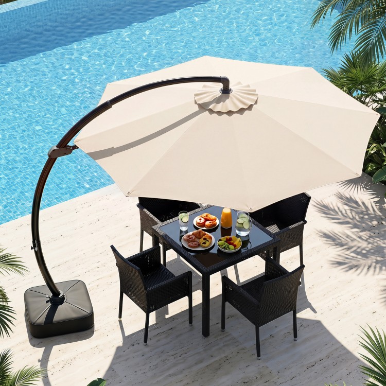 11 FT cantilever patio umbrella in beige with a rustproof aluminum frame, providing optimal shade for outdoor dining.