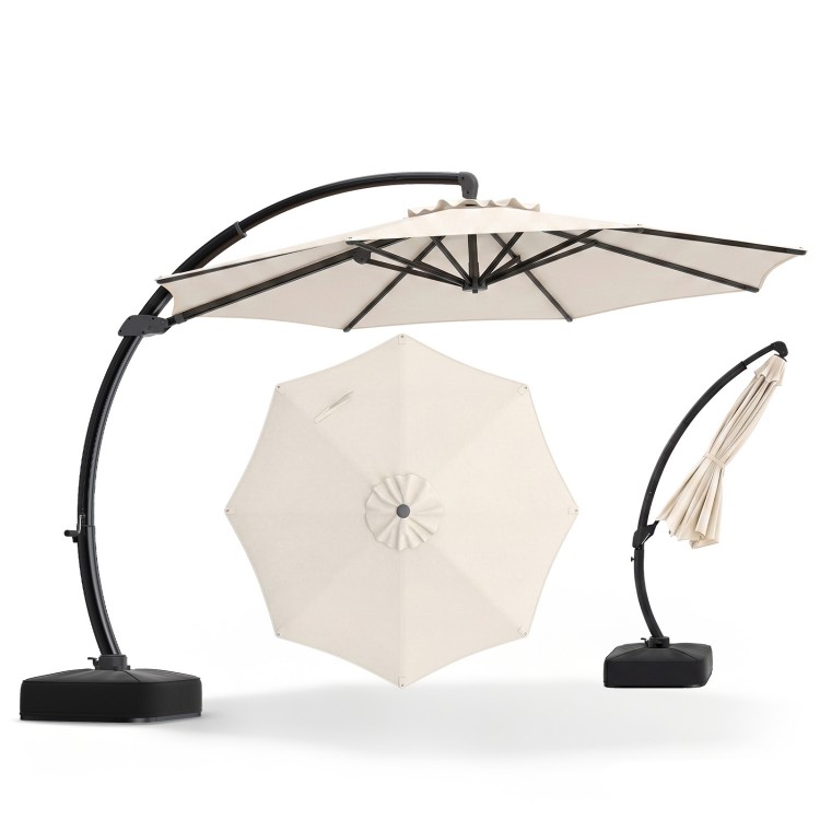 11 FT cantilever patio umbrella in beige with 360° rotation and tilt adjustment, ideal for outdoor shade.