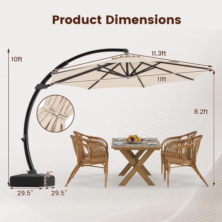 11 ft cantilever patio umbrella with beige polyester canopy, 360° rotation, and tilt adjustment for optimal shade.