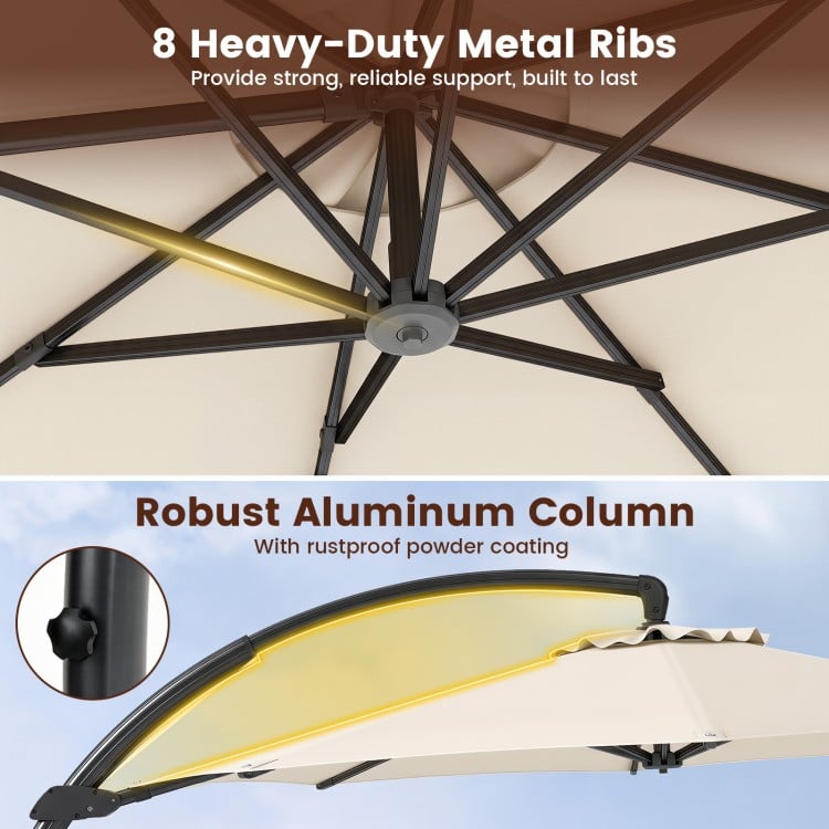 Close-up of the 11 FT cantilever patio umbrella's robust aluminum column and heavy-duty metal ribs for reliable support.