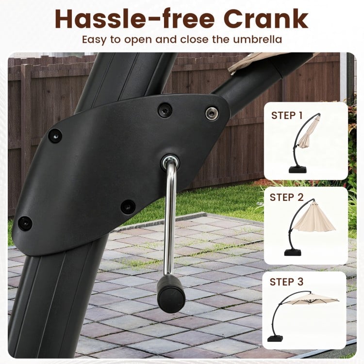 Hassle-free crank mechanism for the 11 FT cantilever patio umbrella with 360° rotation and tilt adjustment.