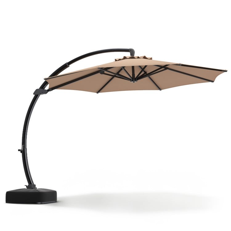 11 FT cantilever patio umbrella in brown with 360° rotation and tilt adjustment for optimal shade in outdoor spaces.