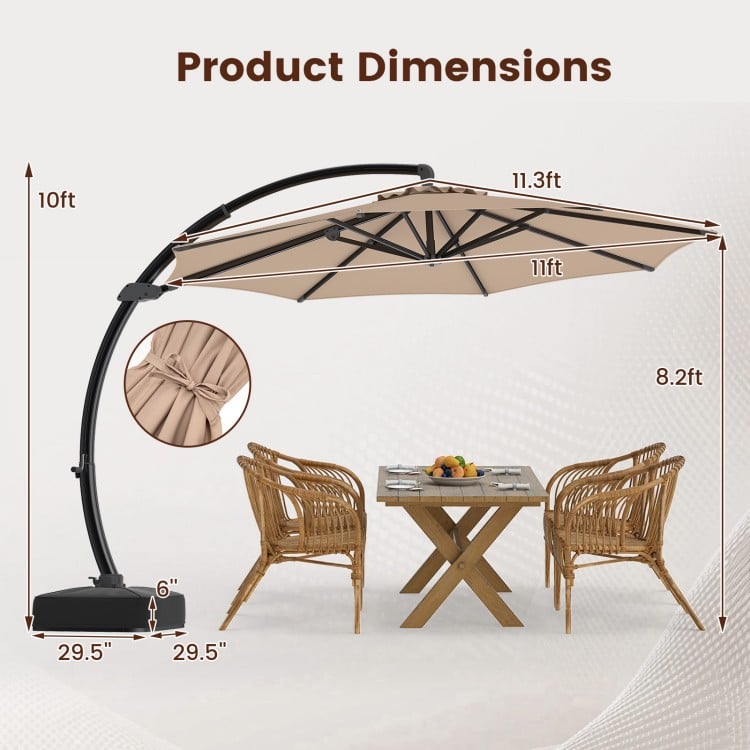 Dimensions of the 11 FT cantilever patio umbrella with base, showcasing its size for optimal outdoor coverage and shade.