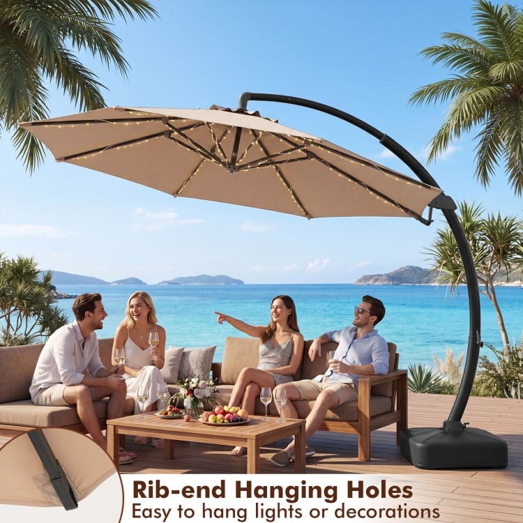 11 FT cantilever patio umbrella with a brown polyester canopy, featuring 360° rotation and tilt adjustment for optimal.