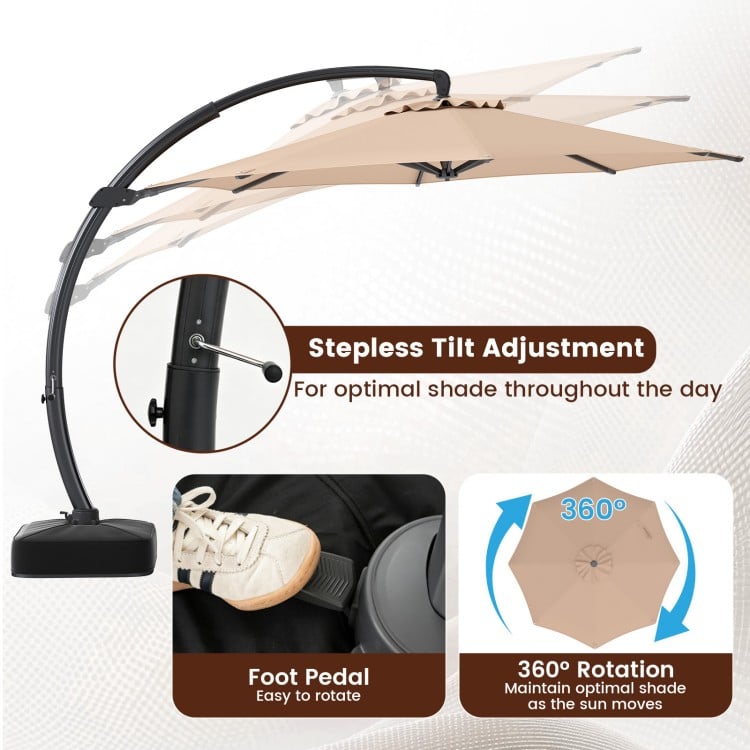 11 FT brown cantilever patio umbrella with 360° rotation and stepless tilt adjustment for optimal shade outdoors.