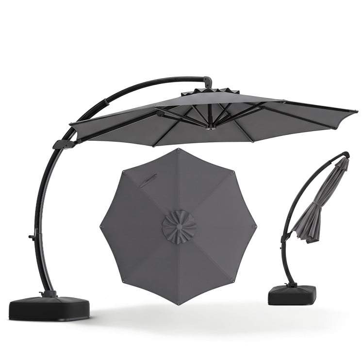 11 FT gray cantilever patio umbrella with base, featuring 360° rotation and tilt adjustment for optimal shade.