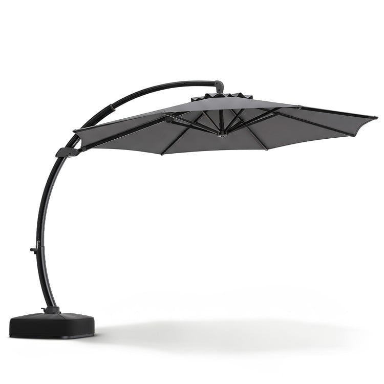 11 FT cantilever patio umbrella in gray with 360° rotation and tilt adjustment, ideal for outdoor shade.