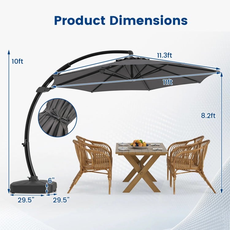 11 FT gray cantilever patio umbrella with 360° rotation and tilt adjustment, ideal for outdoor shading.